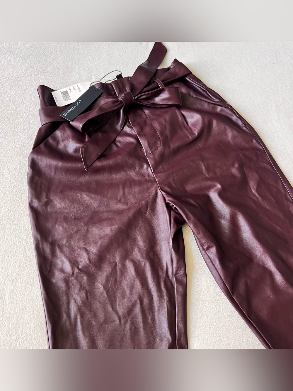 Lucy Paris NWT Burgundy Wine Red Faux Leather Paperbag Waist Pants chic career